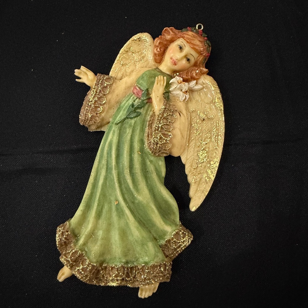 Vintage Style Guardian Angel Ornament Green Gold Glitter Prayer Back
